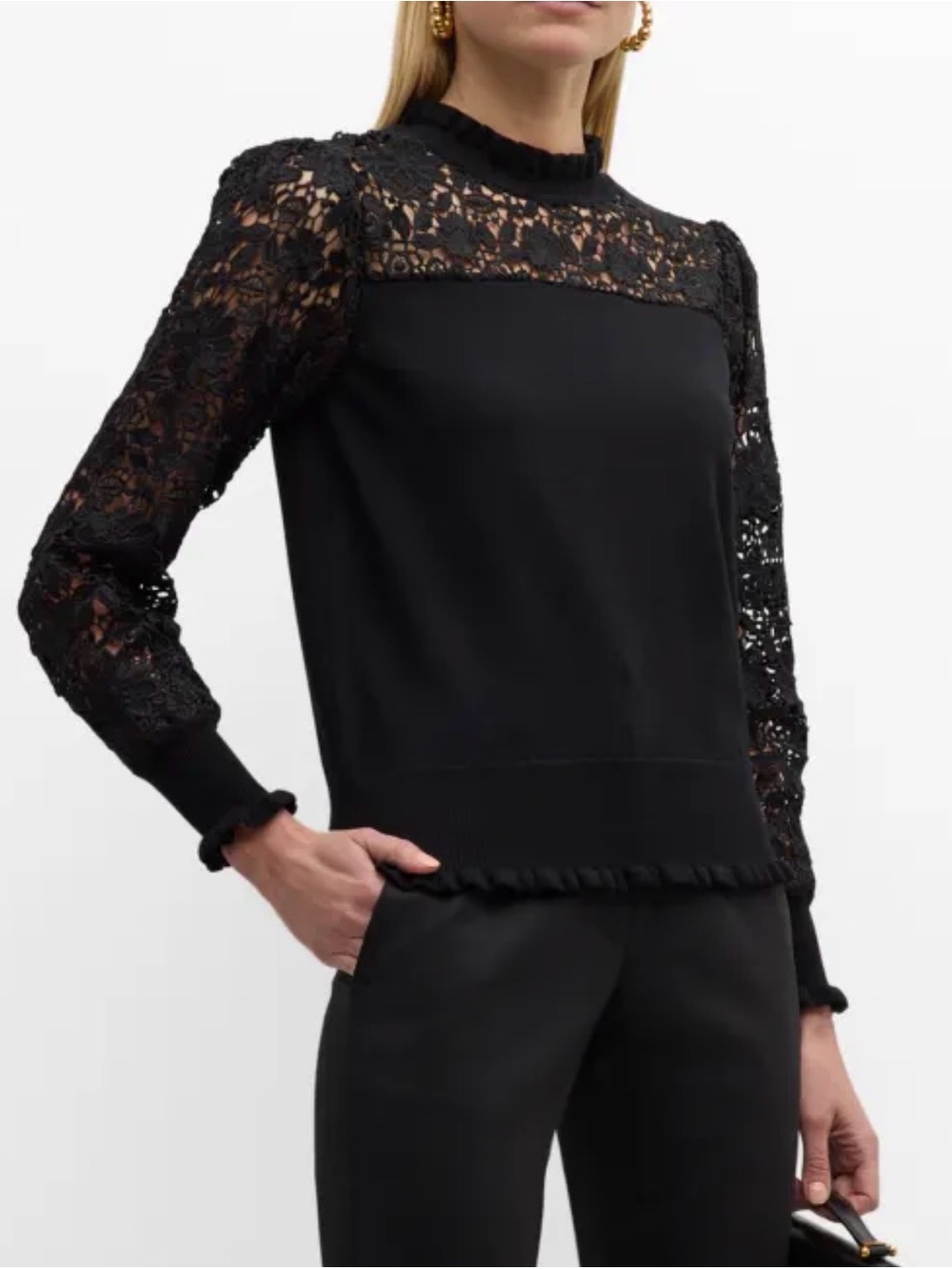 Elie Tahari FELICITY Sold Out Black Lace-Yoke Ruffle Hem Sweater medium NEW